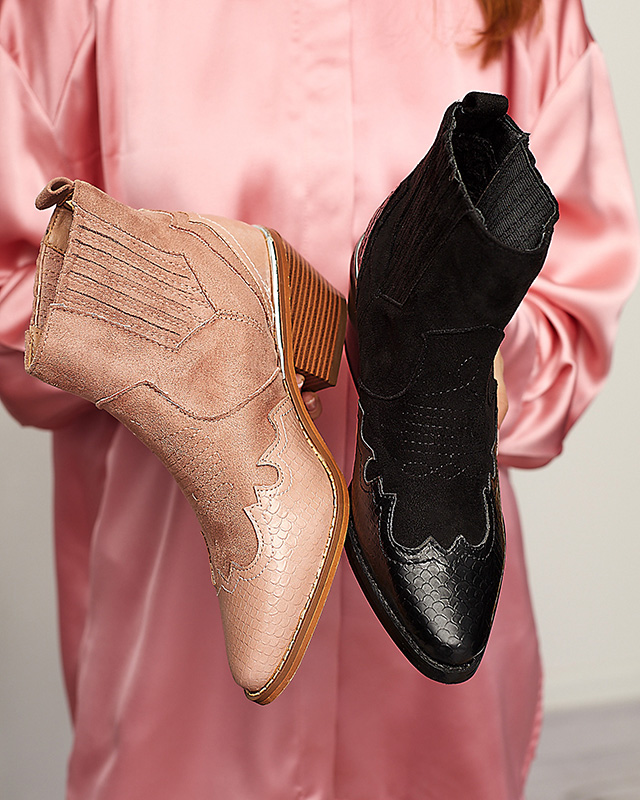 Черни еко велурени каубойски ботуши на ниска колба Zirras - Обувки