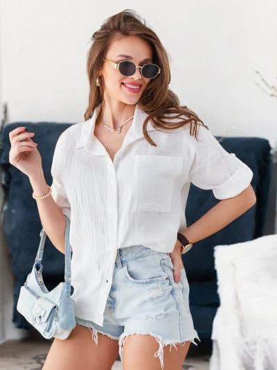 Риза от памук Royalfashion за жени с ембосиране и V-образно деколте и 3/4 ръкави