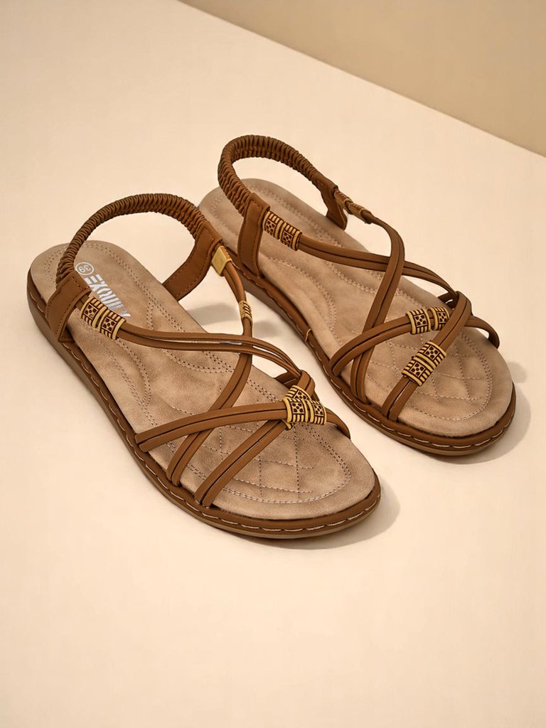 Дамски сандали Royalfashion Cressida camel плоски комфортни еко кожа летни