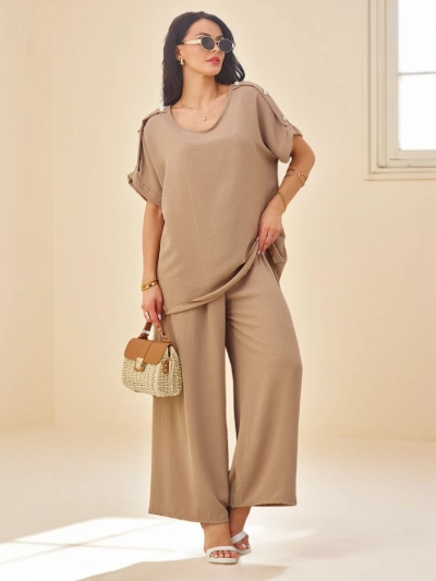 Royalfashion Памучен комплект за жени с къси ръкави и широки панталони