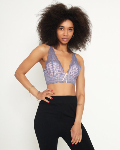 Różowy damski biustonosz z fioletową koronką - Bielizna