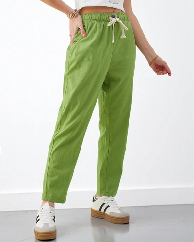 Royalfashion Дамски обикновени памучни панталони с връзка на талията