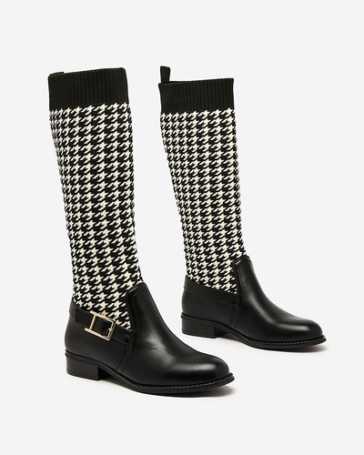 Royalfashion Черни дамски високи ботуши с пепитна шарка Aledive