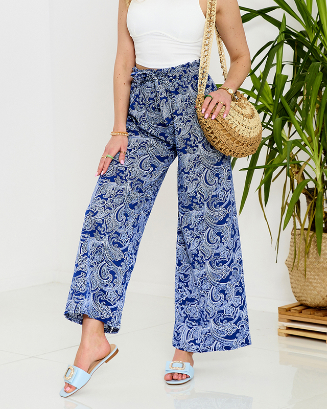 Дамски панталони от тъкан в морско синьо с щампа - Облекло