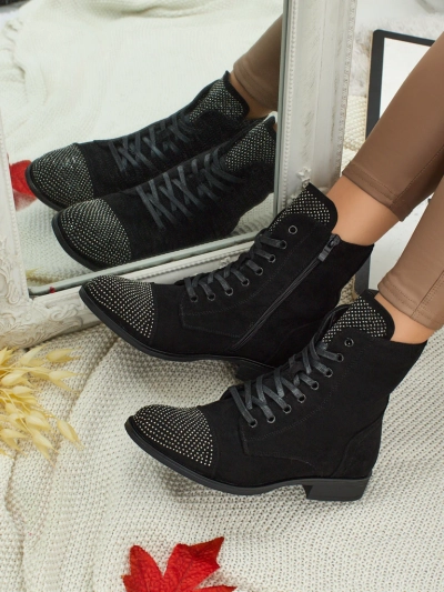 Дамски еко велурени боти с връзки и цирконии Marvelli