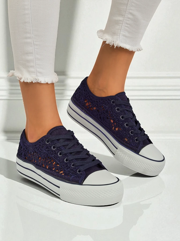 Дамски кецове Aureliana Тъмносини от ажурна тъкан с равна подметка