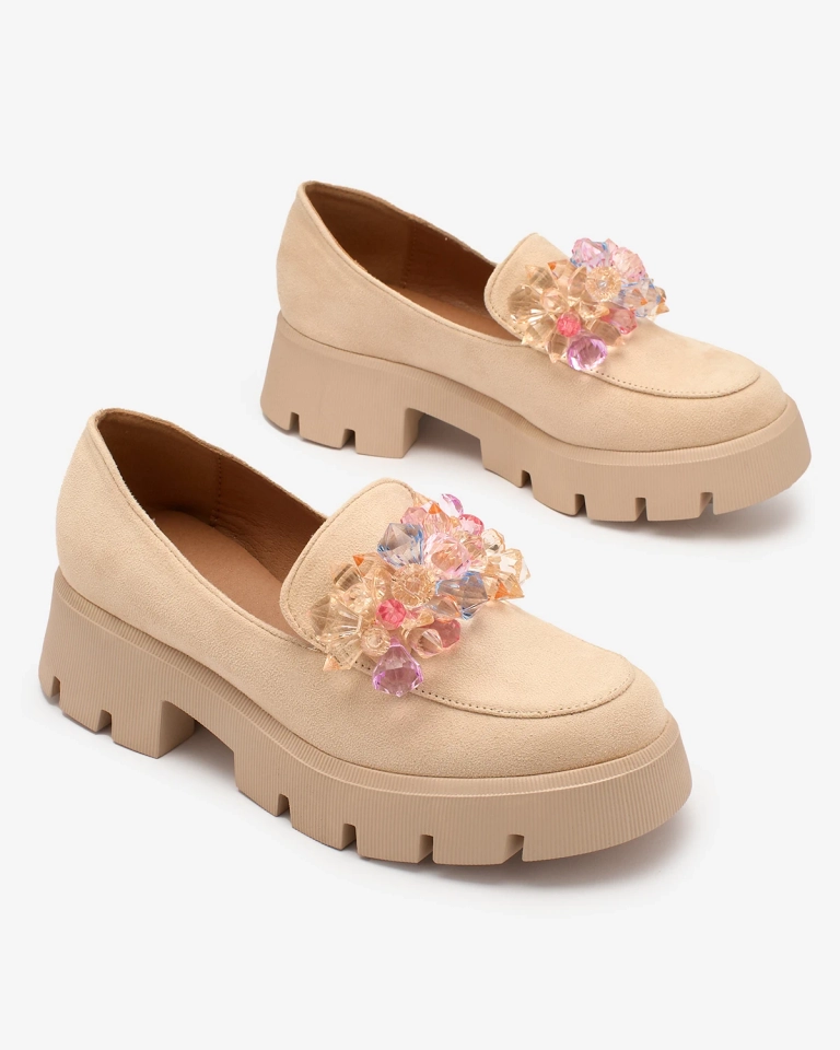 Royalfashion Бежови дамски мокасини с цветни кристали Crystal Glam