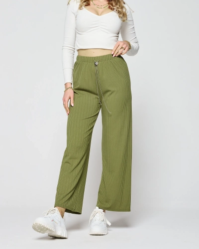 Зелен широк дамски панталон с ребра - Облекло