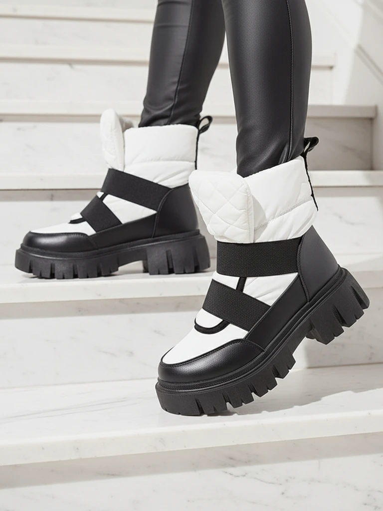 Дамски ботуши за сняг с равна подметка в черно и бяло Ferory- Footwear