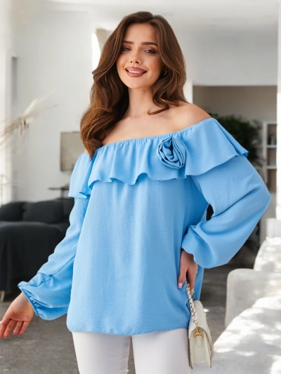Royalfashion Женски топ с открито рамо, с волан и цвете
