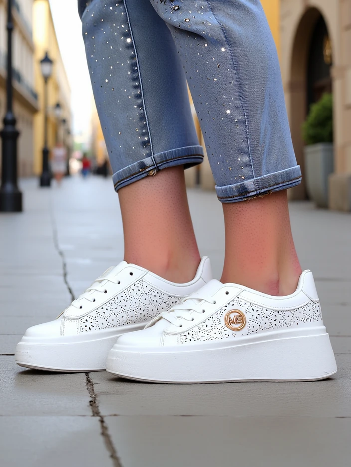 Дамски сникърси Aelia Royalfashion на платформа бели ажурни екрю