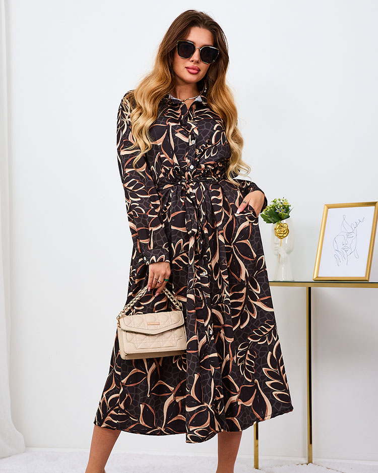 Royalfashion Черно-светлокафява шарена дамска макси рокля