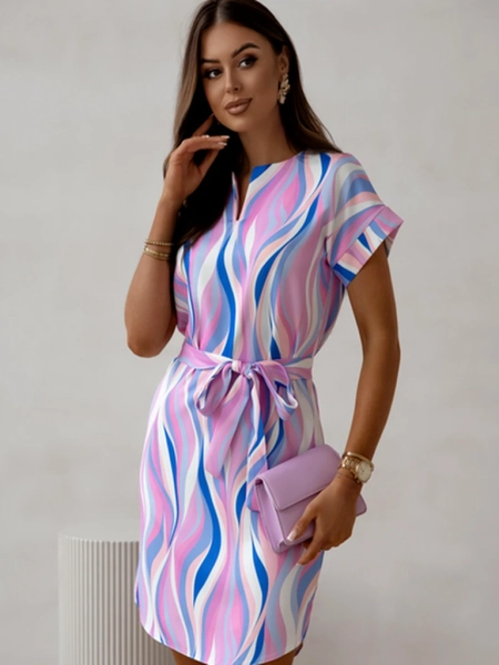 Рокля до коляното за жени с къси ръкави и връзки в различни райета