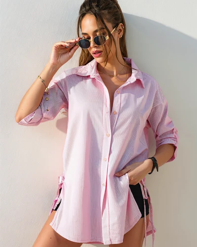 Royalfashion Памучна дълга дамска риза с райе и колан