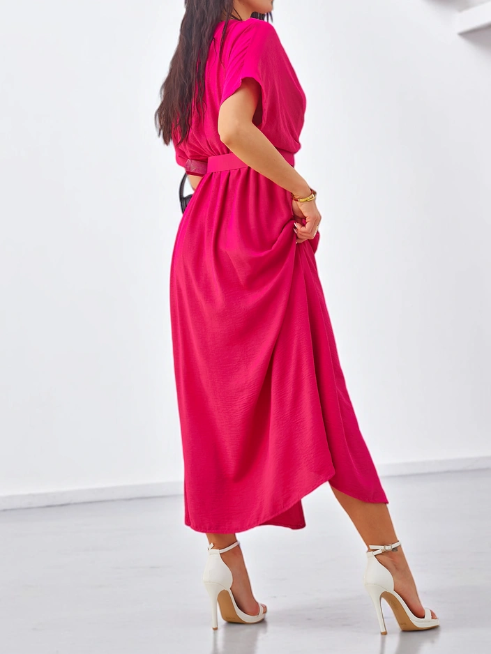 Рокля с къси ръкави за жени Royalfashion, миди, с V-образно деколте и централен разрез