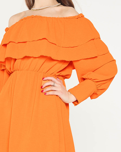 Krótka pomarańczowa damska sukienka z falbanami- Odzież