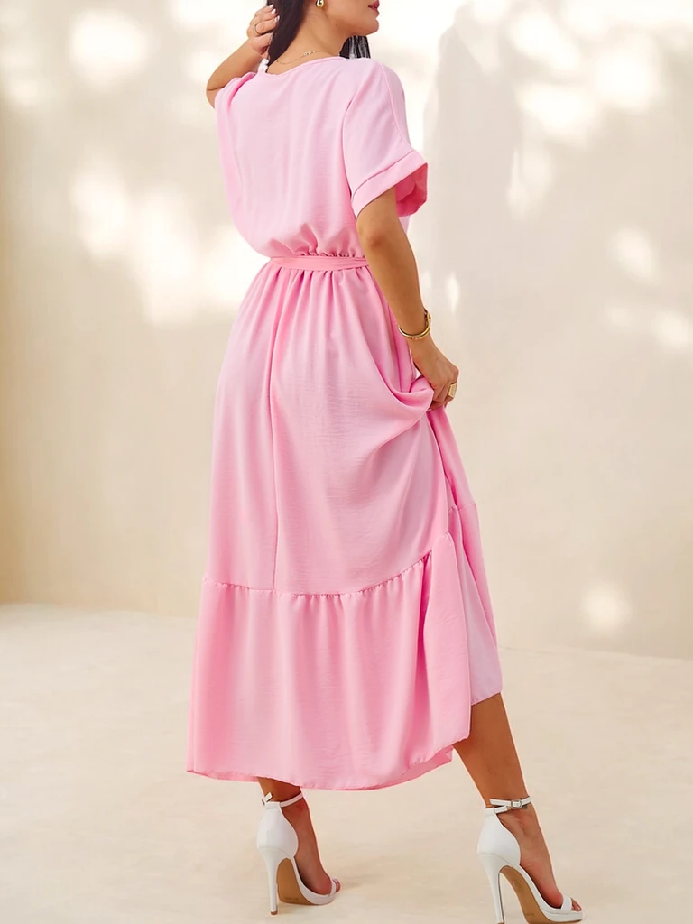 Royalfashion Дамска миди рокля с къс ръкав и декоративни копчета