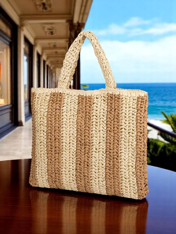 Royalfashion Голяма дамска чанта от слама, Сламени райета