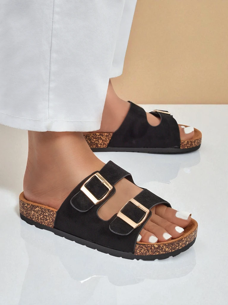 Дамски чехли Letitia черни, велурени, плосък ток, италиански дизайн