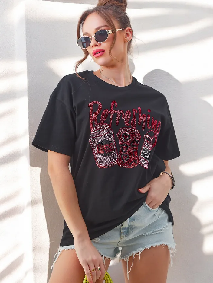 Royalfashion дамска памучна тениска с печат от камъчета