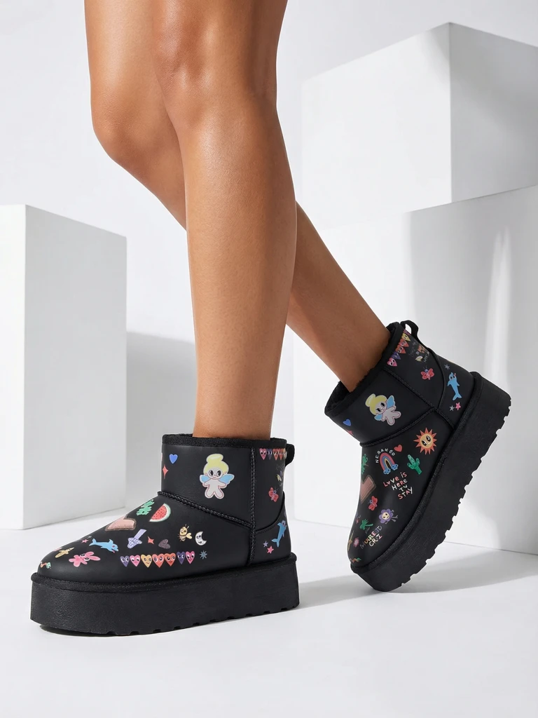 Ройалфешън Къси ботуши за жени в снежен ботуш стил с надписи Ханага