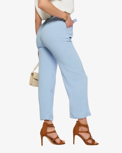 Сини дамски широки панталони от плат - Облекло