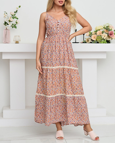 Pomarańczowa długa sukienka damska w kolorowe kwiatki - Odzież