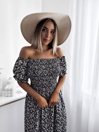 Черна дамска флорална миди рокля - Облекло