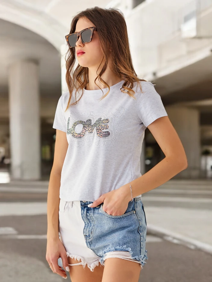 Royalfashion дамска памучна тениска LOVE с камъни