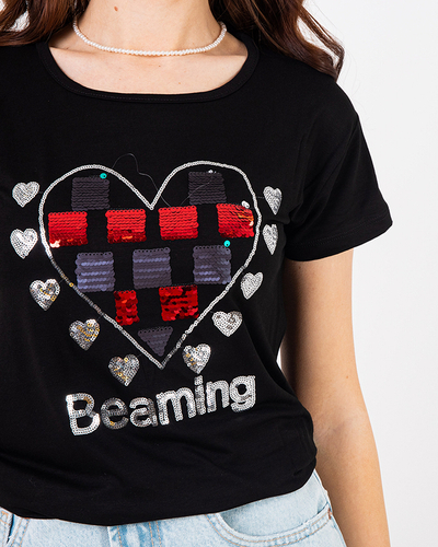 Czarny damski t-shirt z printem - Odzież