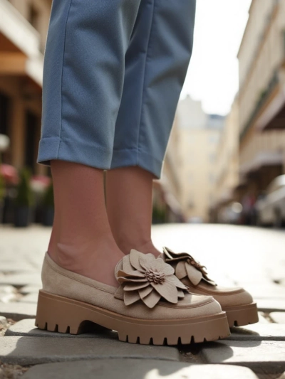 Royalfashion Еко велур дамски мокасини с цвете Floverse