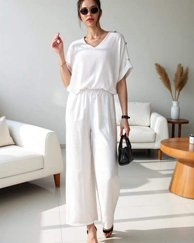 Royalfashion Дамски стильен комплект с блуза с къс ръкав и широки панталони