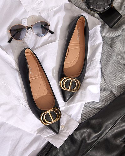 Czarno-złote baleriny damskie w szpic z ozdobą na nosku Manico - Obuwie