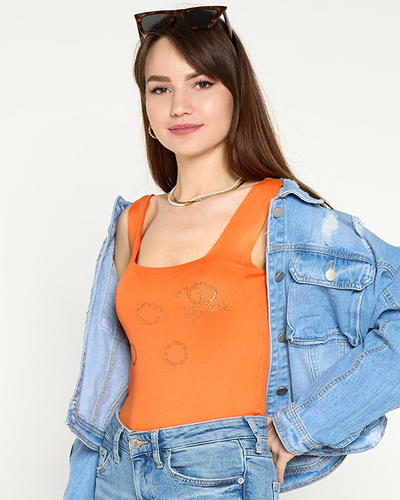 Damski pomarańczowy top ze złotymi cyrkoniami- Odzież