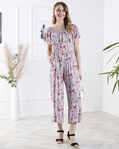 Дълъг дамски гащеризон с флорални мотиви в бяло и розово - Облекло