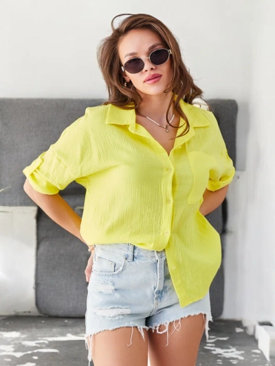 Рокля Royalfashion от памук за жени с релеф и V-образно деколте с 3/4 ръкави