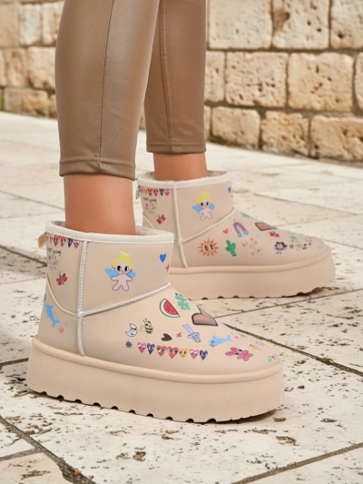 Топли обувки Callisto Angelico с детски рисунки на платформа, бежови