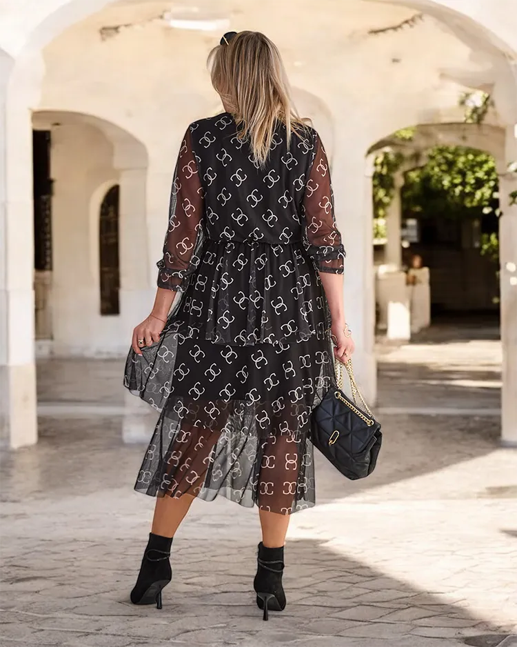 Royalfashion Черна мрежеста миди рокля с принт