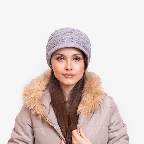 Szara damska ciepła czapka z perełkami - Akcesoria