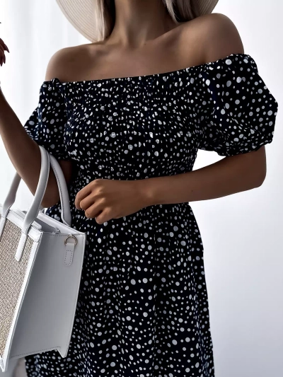 Морско синя дамска макси рокля с грах- Облекло