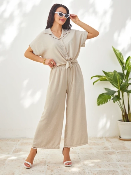 Royalfashion Комплект за жени с връзка, къс ръкав и разширени панталони с камъни