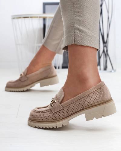 Royalfashion Светлокафяви ажурни дамски мокасини с верижка Imerila