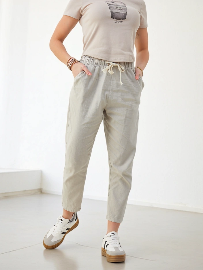 Роклямода Памучни прави дамски панталони с връзка на талията