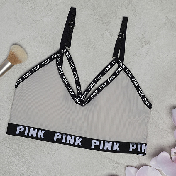 Szary sportowy stanik damski z napisami - Bielizna