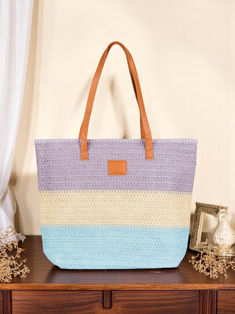 Royalfashion Голяма сламена дамска чанта с дръзки райета