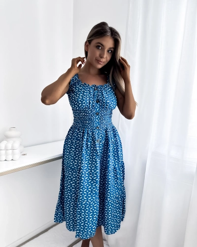Дамска рокля с дължина до коляното и принт в синьо- Облекло