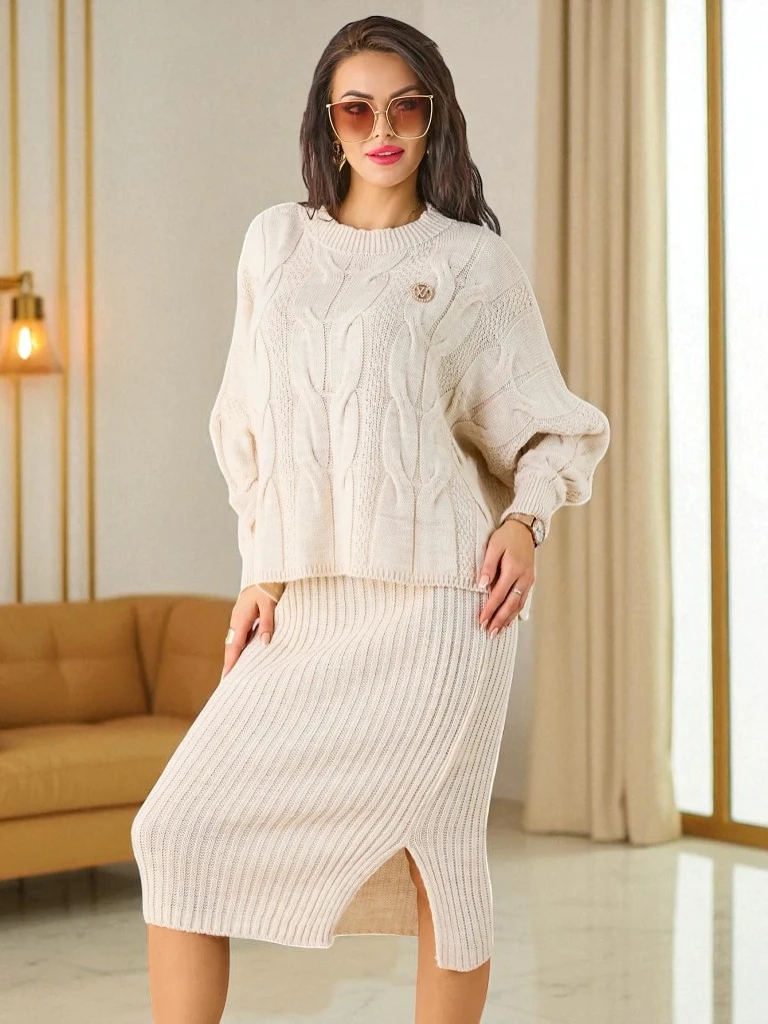 Royalfashion Акрилен плетен комплект за жени с пуловер и пола Топъл & Пухкав