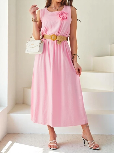 Кралска мода Женска миди рокля с презрамки, с кръгло деколте и декоративно цвете