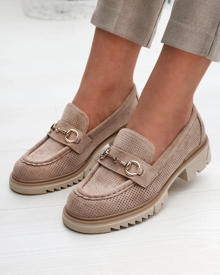 Royalfashion Светлокафяви ажурни дамски мокасини с верижка Imerila
