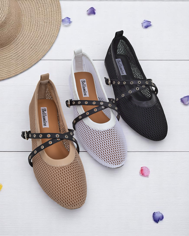Балеринки Royalfashion Calista Bianca – мрежести бели дамски обувки с черни ленти